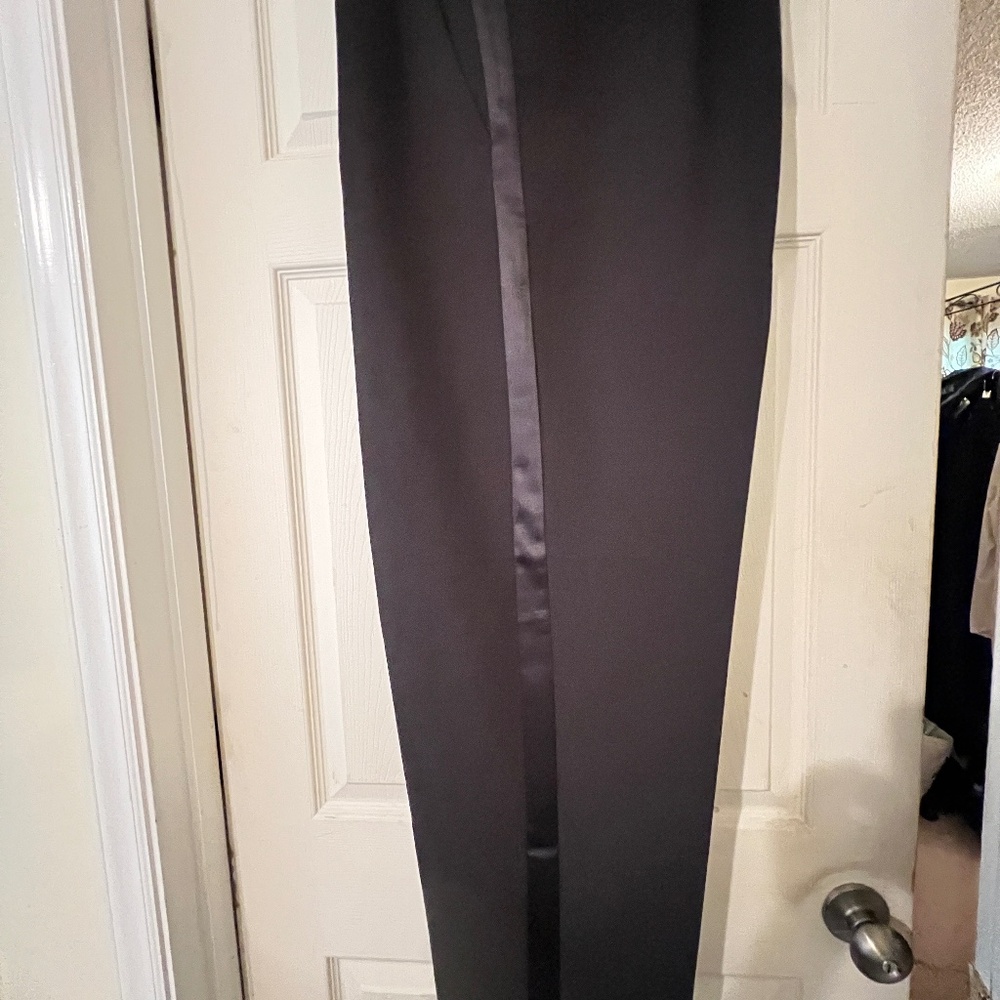 H&M WOMENS SIZE 20 BLACK PLEATED TUXEDO PANTS  SATIN STRIPE + WAISTBAND
